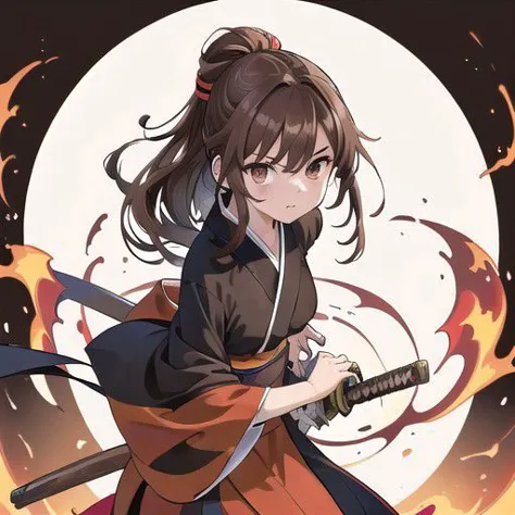 a woman in a kimono outfit holding a sword in front of a full moon