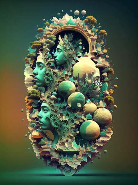 <lora:lora_CelestialHarmony:1>a stylized image of a person's head with a lot of different things in it