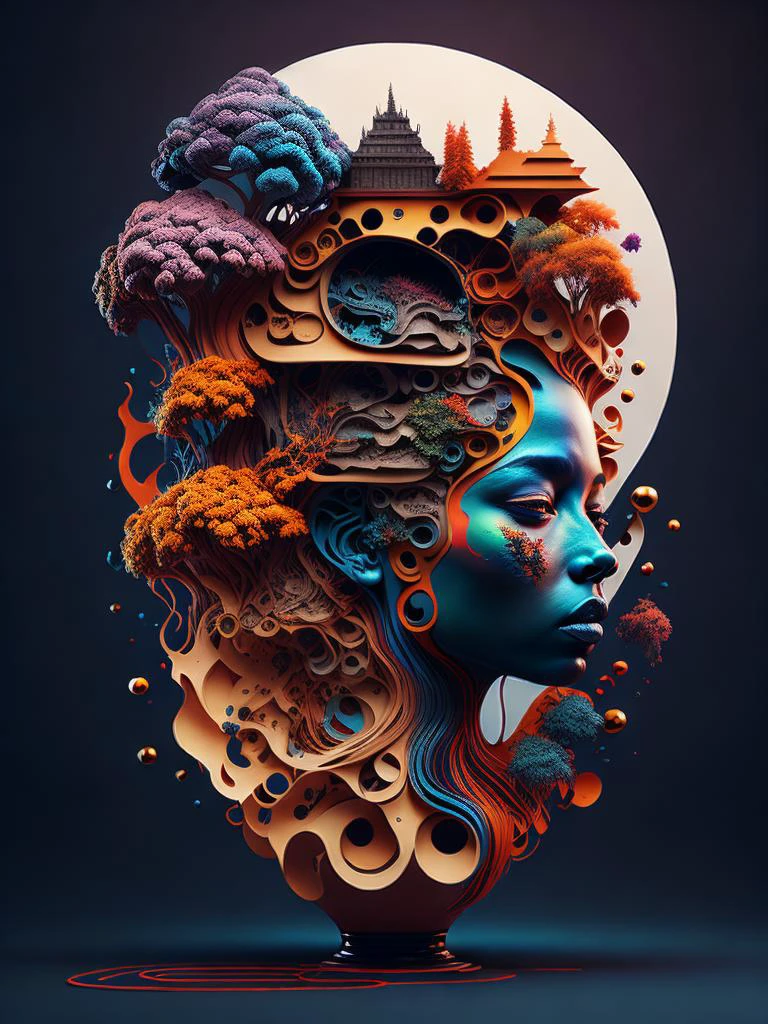La cabeza de una mujer con muchas obras de arte.