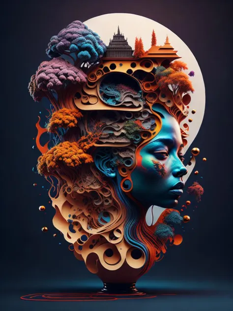 <lora:SurrealHarmony:0.7>a woman's head with a lot of art work on it