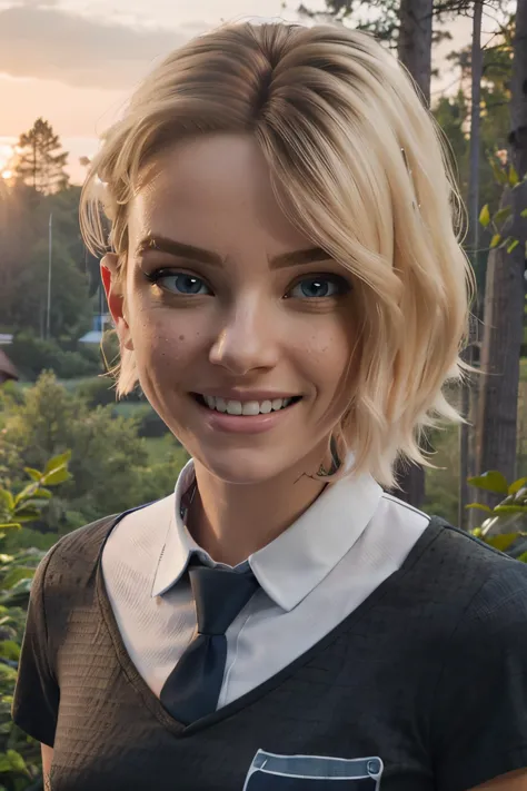 blonde woman with blue eyes and a tie smiling in a forest