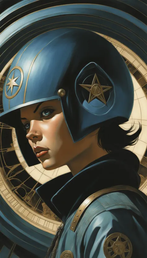 a painting of a woman in a helmet with a clock in the background