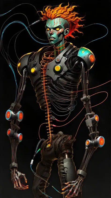 a close up of a robot with a bunch of wires in its hands