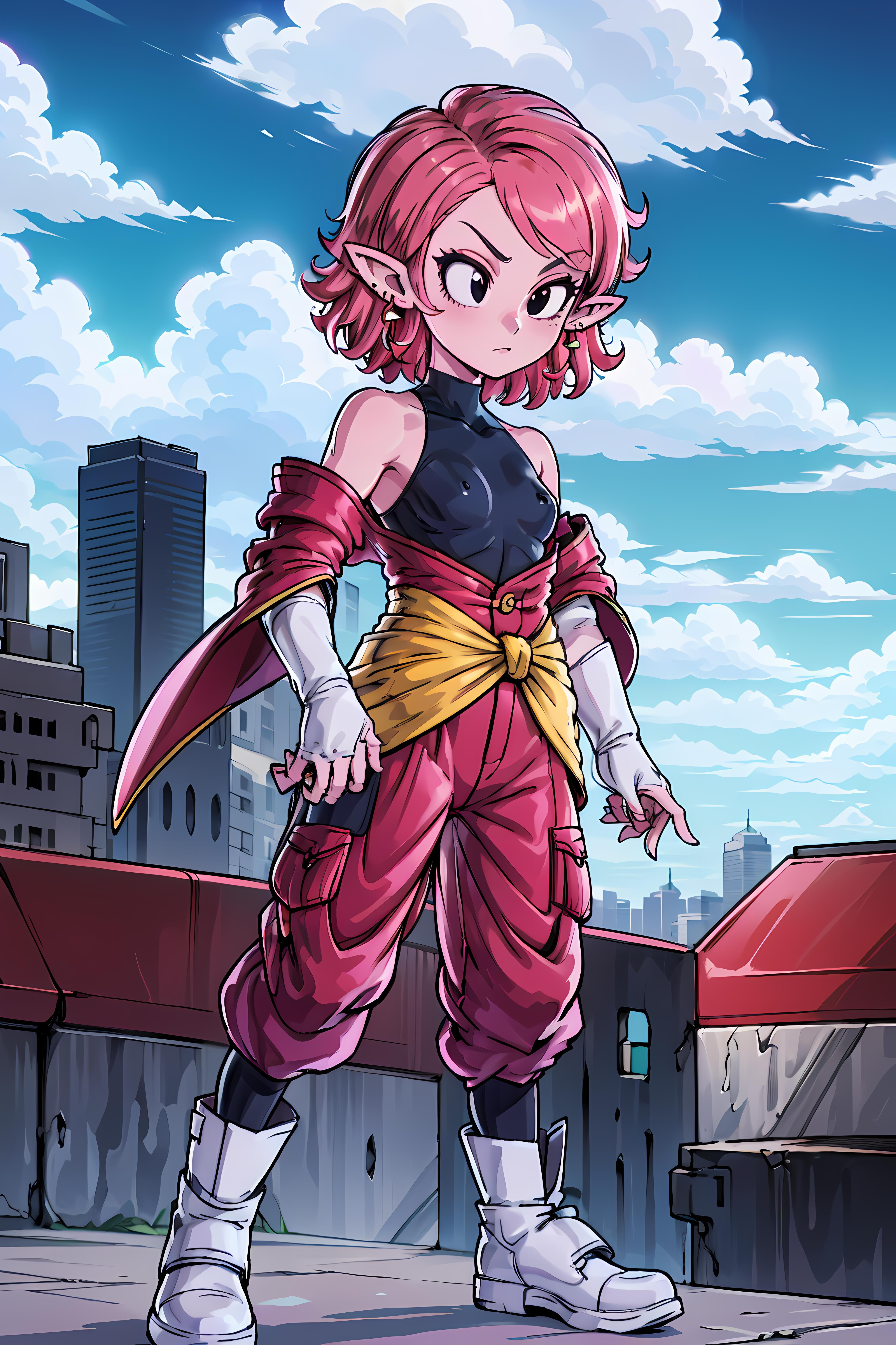 A cartoon image of a woman with pink hair and a red and yellow outfit -  SeaArt AI