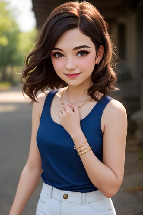 CGI, happy teen girl, light makeup, light jewelry, tank top, sharp focus, natural lighting, subsurface scattering