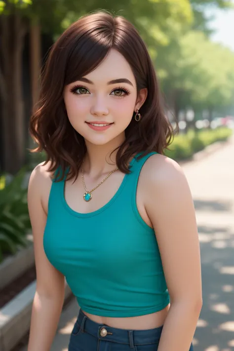 CGI, happy teen girl, light makeup, light jewelry, tank top, sharp focus, natural lighting, subsurface scattering