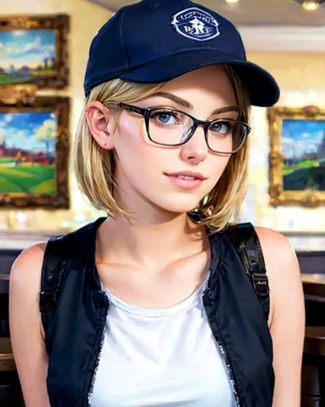 S300_ScarlettSage, upper-body color photograph of 1girl in an ice-cream parlor, picture-perfect, tomboy attire, short haircut, baseball cap, glasses, (face focus), perfect-eyes, intelligent composition, (Ultra-HD-details, Ultra-HD-realistic:1.3), (masterpiece, best quality:1.5),