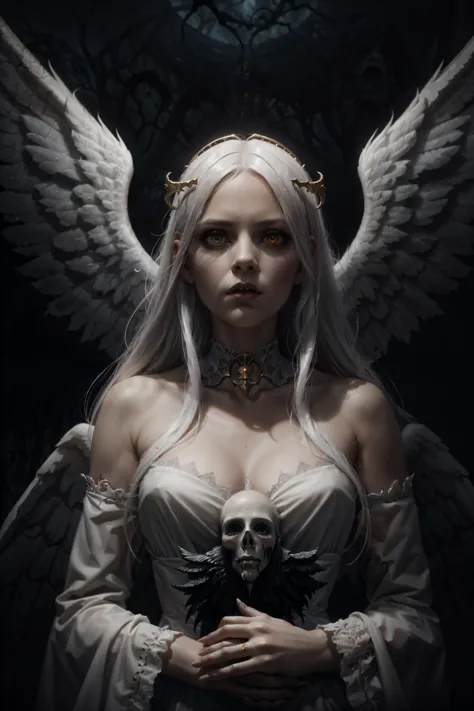 horror-themed horror style illustration,heaven background, 1girl,  white hair, golden eyes, long hair, halo, angel wings, serene expression, looking at viewer <lora:photorealism_last:1> <lora:ReaLora:0.7> <lora:LowRA:.4>, Cute and adorable cartoon, fantasy, dreamlike, surrealism, super cute, trending on artstation . dark, eerie, gothic, macabre . eerie, unsettling, dark, spooky, suspenseful, grim, highly detailed<lora:epi_noiseoffset2:1>