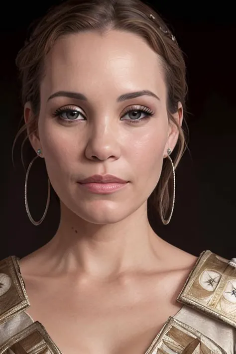 a close up of a woman with a very big hoop earrings