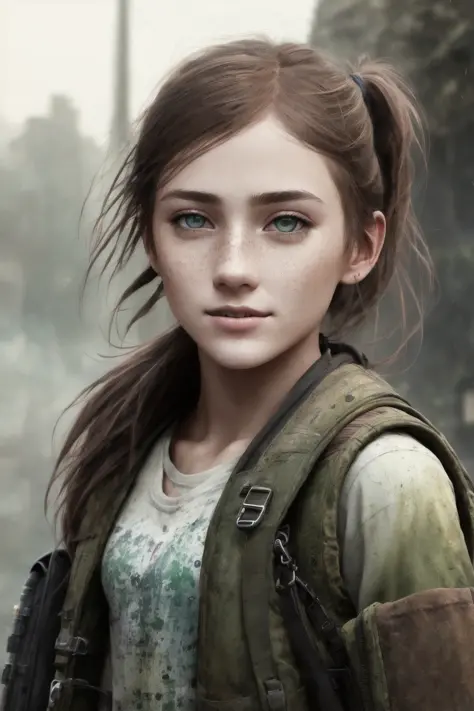 a young woman Ellie, freckles, green eyes, street smiling, backpack, Short ponytails, epic realistic, photo, faded, complex stuff around, intricate background, soaking wet, neutral colors, ((((hdr)))), ((((muted colors)))), intricate scene, artstation, intricate details, vignette