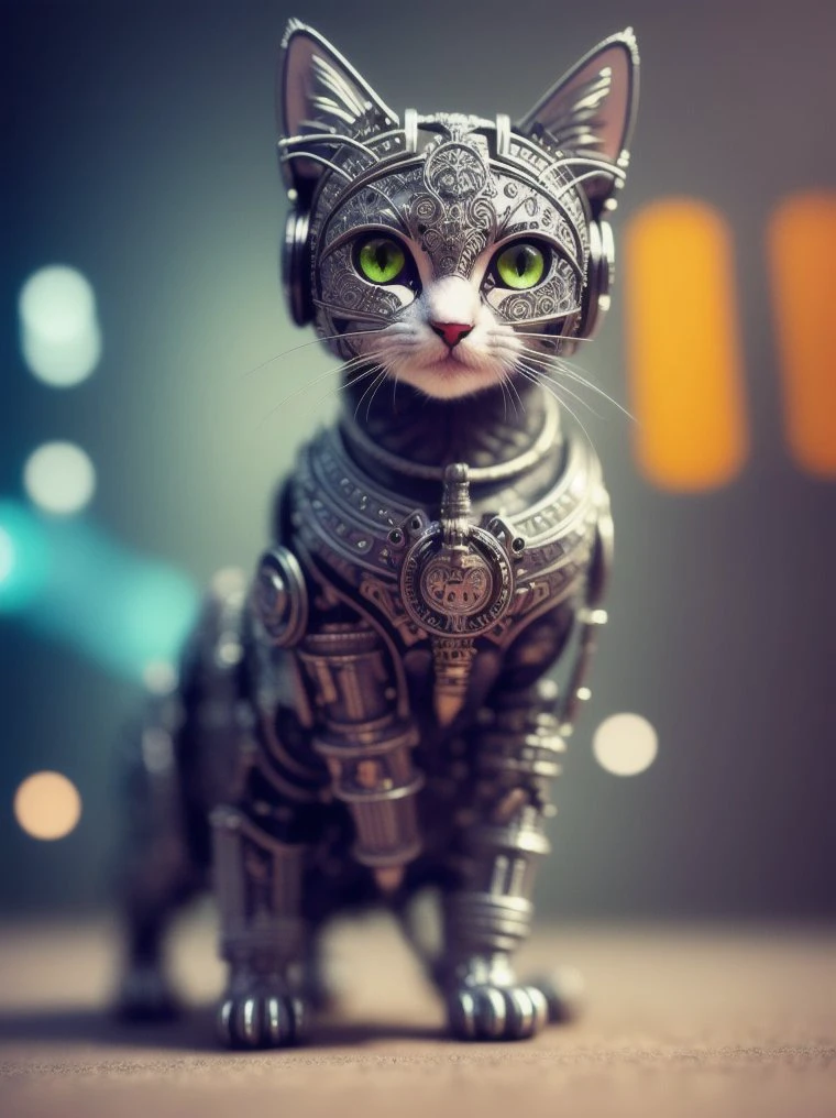 um gatinho fofo feito de metal, ciborgue, estilo ciberpunk, ((Detalhes intrincados)), hdr, ((Detalhes intrincados, hiperdetalhado)), tomada cinematográfica, vinheta