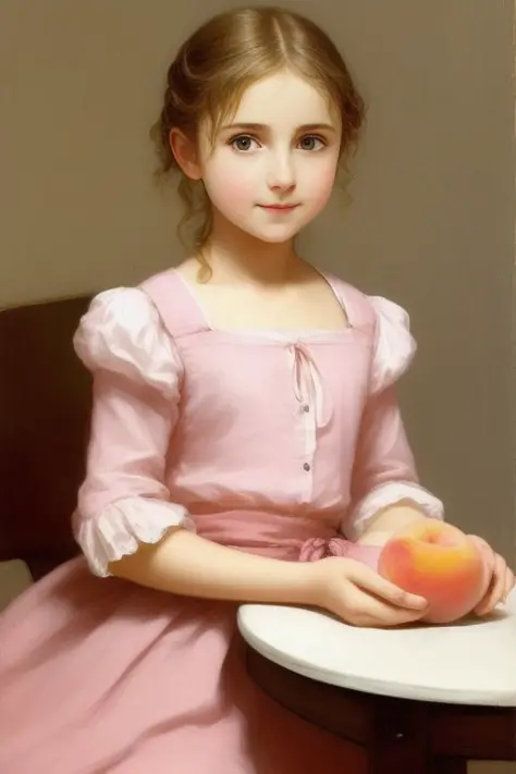 picture, a girl in a pink shirt sitting at a table, holding a peach in her hands, the table is completely visible, a white tablecloth is on the table, the girl's hands are on the table, art by Repin