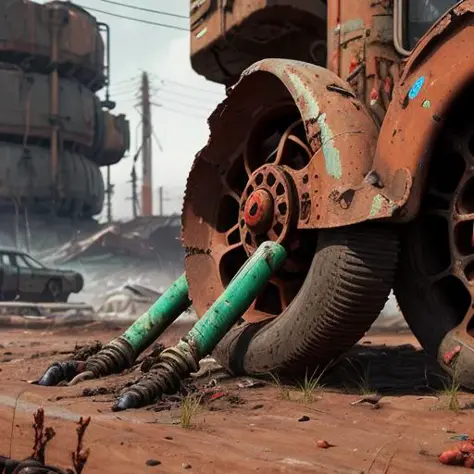 stalenhag, close up, old destroyed parts of rust atom nuclear reactor, sci-fi, knots colorfully raw surface, smooth round shapes, cyberpunk, hdr, 8k, 4k, octane renderer, huge detailed, artstation