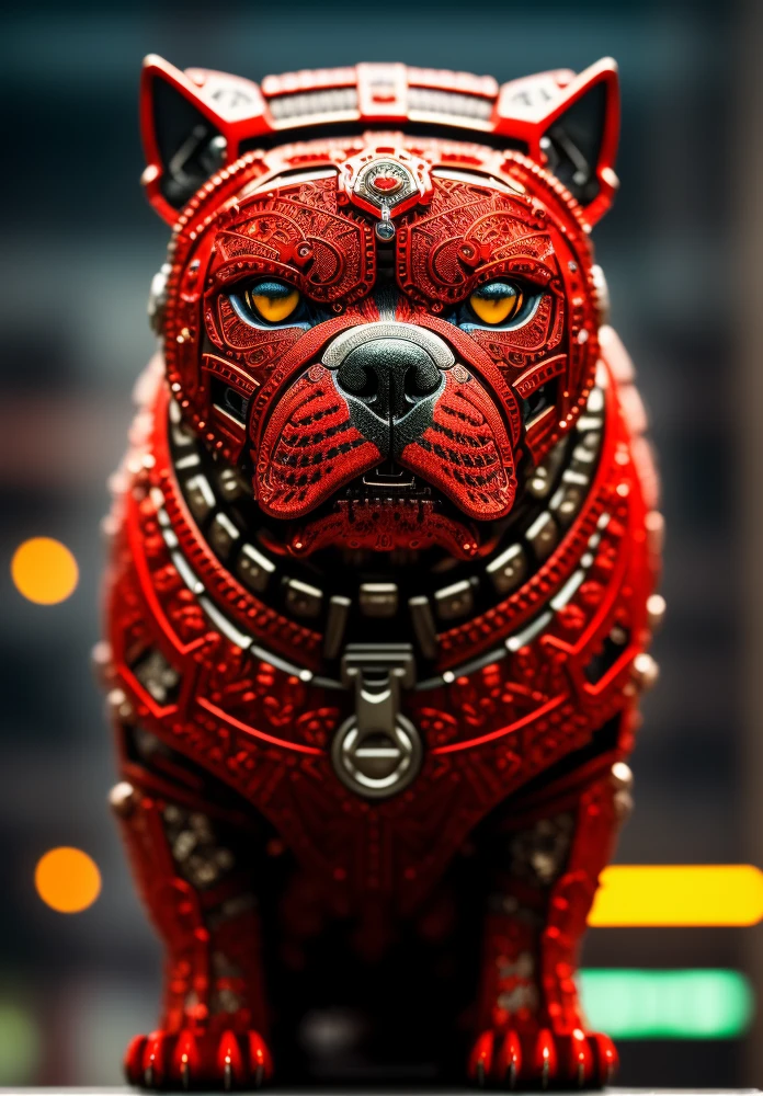 um bulldog brutal feito de metal, ciborgue, estilo ciberpunk, ((Olhos de gato vermelhos)), ((Detalhes intrincados)), hdr, ((Detalhes intrincados, hiperdetalhado)), tomada cinematográfica, vinheta, fundo mais escuro e bokeh,