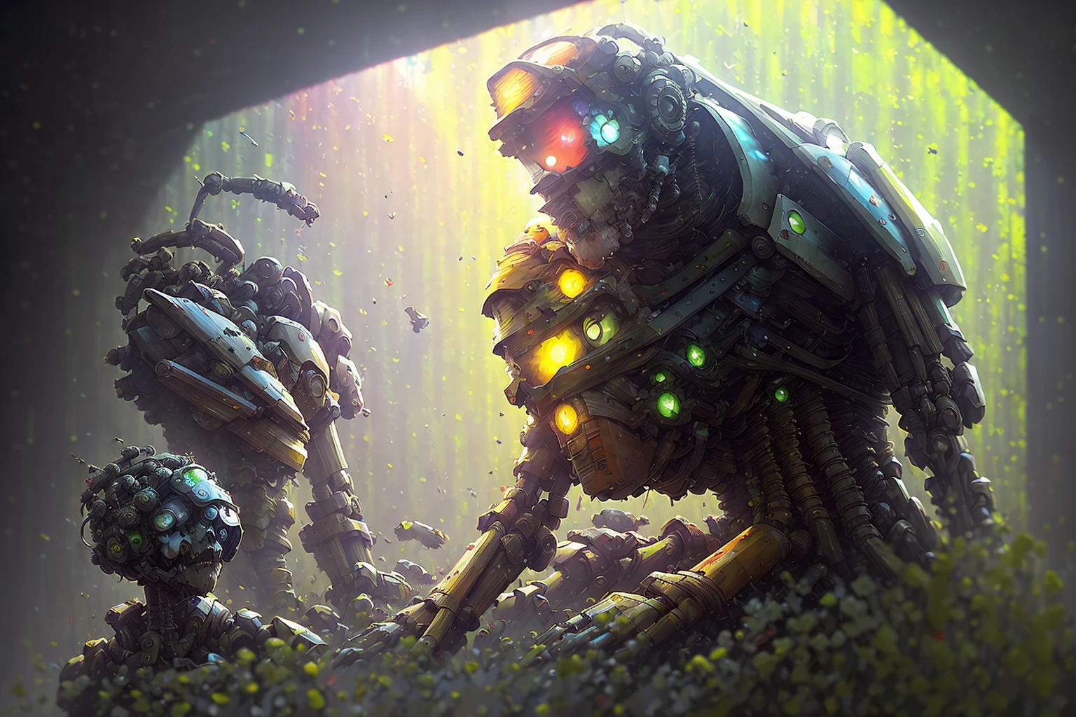 sci-fi, a corpse of a giant robot in the rain, Style-Petal, [Style-Autumn], Style-Glass, full_body_shot, closeup, dramatic, volumetric lighting, subsurface scattering, (highly detailed:1.2), painting, 