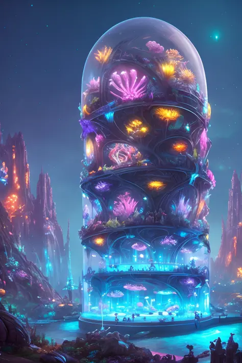epic fantasy concept, a modern transparent building at night as a huge aquarium containing marine lifeforms, pretty colorful lights decorations, wide shot, 8k octane render, photorealistic, cinematic lighting, detailed building, detailed fish