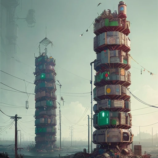 斯塔伦哈格, 手工制作的垃圾塔, 科幻, 结五颜六色的塑料, 光滑的圆形, 赛博朋克, 人类发展报告, 8千, 4k, Octane 渲染器, 巨大的细节, 艺术站