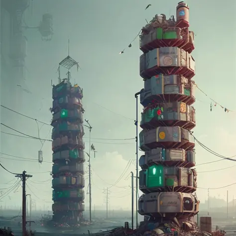 stalenhag, handmade trash tower, sci-fi, knots colorfully plastic, smooth round shapes, cyberpunk, hdr, 8k, 4k, octane renderer, huge detailed, artstation