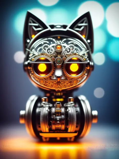 un lindo gatito esponjoso hecho de metal, cíborg, estilo ciberpunk, Aparato de relojería, ((detalles intrincados)), hdr, ojos grandes, ((detalles intrincados, hiperdetallado)), tubo de vacío o tubo de electrones, toma cinematográfica, Viñeta, fondo efecto bokeh