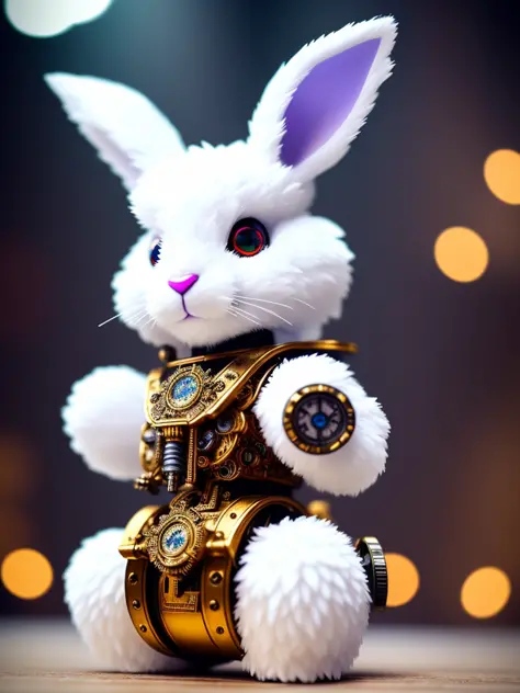 close up, a fluffy white rabbit made out of metal, cyborg, cyberpunk style, clockwork, ((intricate details)), hdr, ((intricate details, hyperdetailed)), cinematic shot, vignette, bokeh effect beckground
