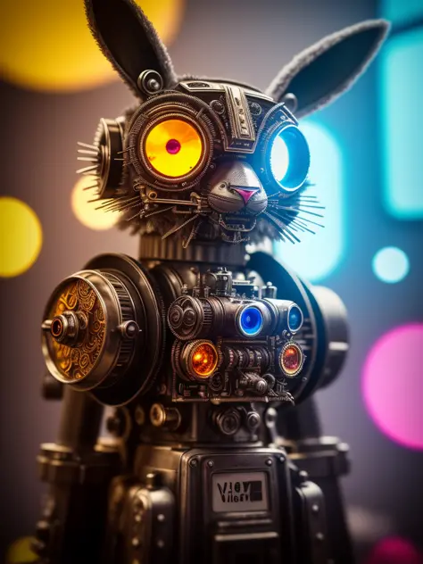 a creepy fluffy rabbit made out of metal, cyborg, cyberpunk style, clockwork, ((intricate details)), hdr, big eyes, ((intricate details, hyperdetailed)), vacuum tube or electron tube, cinematic shot, vignette, bokeh effect beckground
