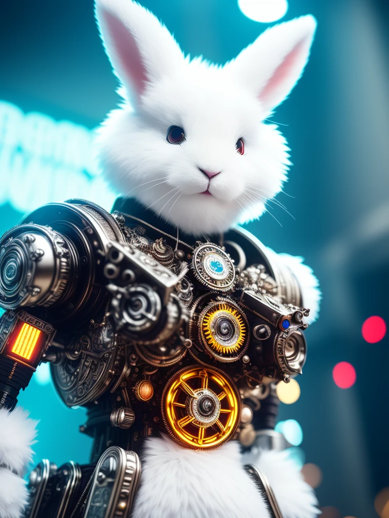 close up, a fluffy white rabbit made out of metal, cyborg, cyberpunk style, clockwork, ((intricate details)), hdr, ((intricate details, hyperdetailed)), cinematic shot, vignette, bokeh effect beckground