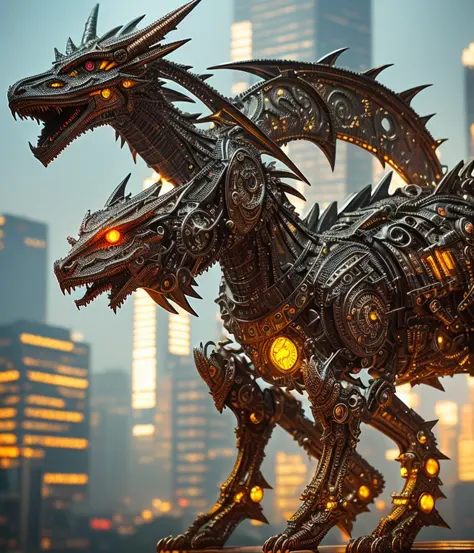 a dragon made out of metal, cyborg, cyberpunk style, clockwork, ((intricate details)), hdr, ((intricate details, hyperdetailed)), incandescent lamps, cinematic shot, vignette, bokeh effect beckground