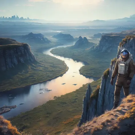 retrofuturism style, retrofuturism style, An astronaut standing on a karst mountain overlooking a very vast landscape, water lakes, rivers, on an extrasolar planet complete with lush but very alien vegetation, night view, illustration, cartoon, soothing tones, calm colors, (dark shot:1.17), epic realistic, faded, ((neutral colors)), art, (hdr:1.5), (muted colors:1.2), hyperdetailed, (artstation:1.5), cinematic, warm lights, dramatic light, (intricate details:1.1), complex background, (rutkowski:0.8), (teal and orange:0.4)