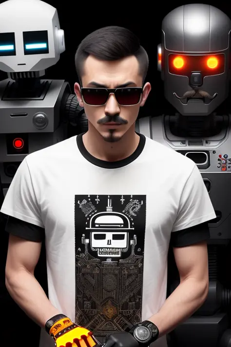 narrow eyes , mustache, ((black monochrome T-shirt)) , gloves , Kazakh man, ((future style)) , orange backlight , black short hair, sullen look, serious face, ((cigar in teeth)) , trained body, ((robot in the background ))white with yellow fanaries , instrument in hand ,((patterns )) ,(cinematic:1.4), (hyperrealistic:1.4), ((intricate details)), hdr, ((intricate details, hyperdetailed)), (detailed skin:1.3), (hdr:1.5), (muted colors:1.2) (white matte color)