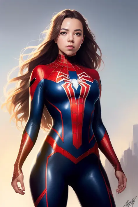 sydney sweeney , suit spider-woman , spider-man costume , full body shot , detailed face , detailed eyes , real face, fitness body , full body shot , beautiful face , hd , without blure , costume , detailed spider logo on costume , highly detailed, digital painting, artstation, concept art, smooth, sharp focus, illustration, art by artgerm and greg rutkowski and alphonse mucha, background spider web
