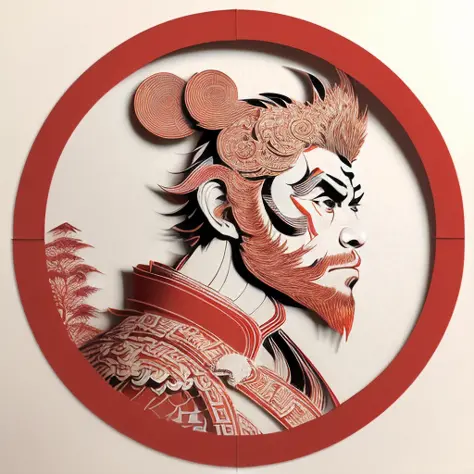 (((masterpiece))), best quality,
((Chinese paper-cut art of sunwukong)), ((Chinese paper-cut)), ((complicated paper-cut with many paper layers)), ((every paper layer with shadows)), (round red background paper), single color on each paper layer, front light, (((detailed handsome face)))