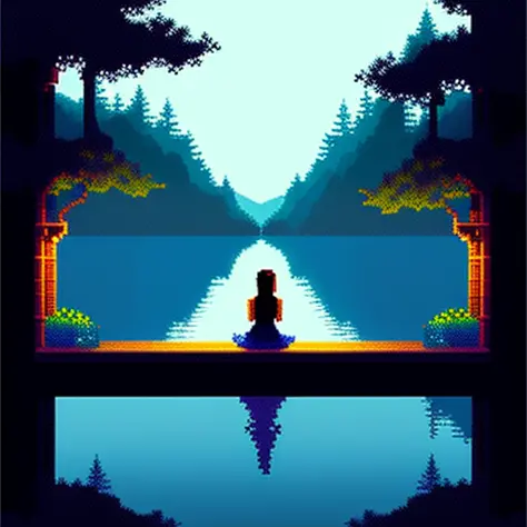 Atmospheric pixel art, a close up shot of a woman in a lake on a balcony at night, Intricate, High Detail, dramatic, trees, blue water, forest animals