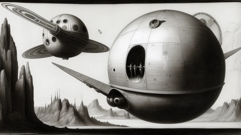خيال علمي, رسم, كوكب, سفينة فضائية, نمط 60x, بنت,
 الادوات, الرسم بقلم الرصاص, اسود و ابيض,  اللوحة بواسطة (ليوناردو دافنشي)