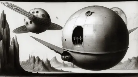 sci-Fi, sketch, planet, spaceship, 60x style, gerl,
 instruments, pencil drawing, black and white,  painting by (Leonardo da Vinci)
