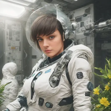 cinematic, (leaning:1.3) (inside a Botany extremely detailed space station room) cautious look, volumetric dust clouds, Key light, backlight, soft natural lighting, aperture f1.8, highly detailed (analog photography:1), hdr colors, unreal engine