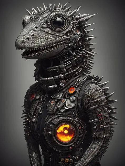 olpntng style, a hyper realistic, close up, spooky and cute cyberpunk lizard fully clad in buttons by arcimboldo, giger and shaun tan. large and black cyberpunk eyes. beautiful, intricate, insanely detailed, octane render, 8k artistic photography, photorealistic concept art, soft natural volumetric perfect light, chiaroscuro, award-winning photograph, centered, symmetrical, oil painting, heavy strokes, paint dripping, Sherry Akrami, monochromatic, photography, surrealism, nature
