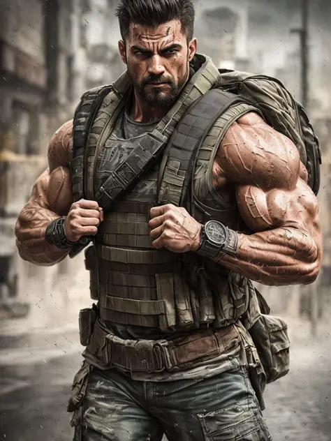 strong muscular man, street angry, backpack, epic realistic, photo, faded, complex stuff around, intricate background, soaking wet, neutral colors, ((((hdr)))), ((((muted colors)))), intricate scene, artstation, intricate details, vignette