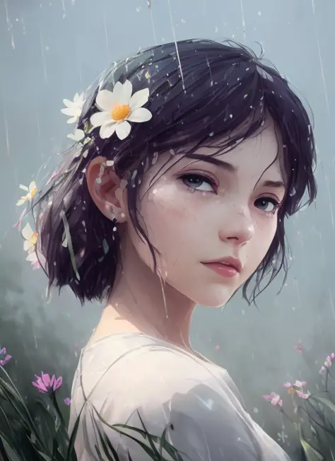 a woman standing under  transparent roof in the rain,(rain:1.4) , a picture, by Ilya Kuvshinov, (Close-up portrait), candid shot, conceptual art, clear (sunny day),excited face, natural short hair,  (closed eyes), wet white t-shirt with cat logo, painted by andreas rocha, japanese animation style, side portrait of cute girl, otto schmidt, girl in a flower field, sun-hyuk kim, bastien grivet,detailed painting, anime aesthetic, photorealistic, (Laurent Parcelier Pascale Campion)