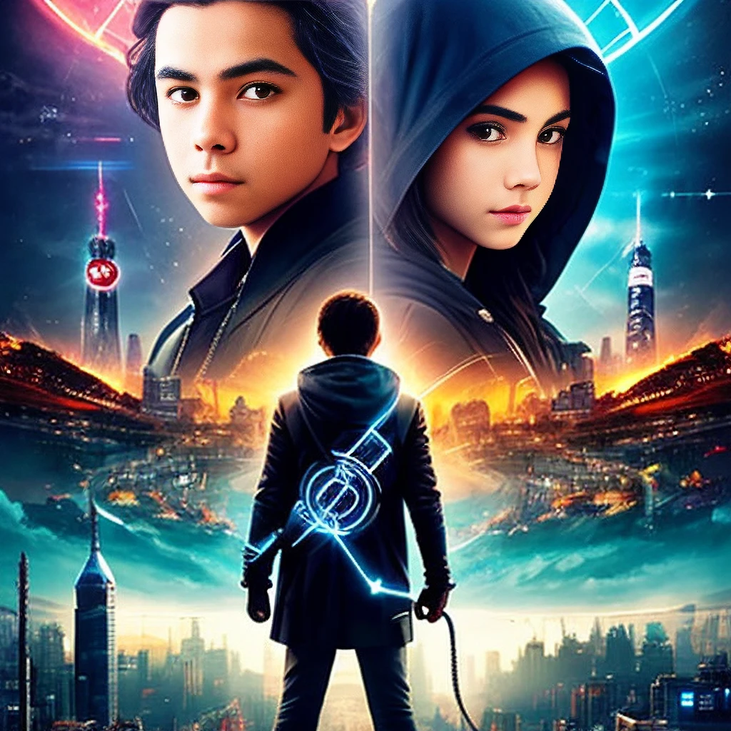 poster with young hero in hood, standing in the center of the design, determined look on his face, holding a small device in his hand that resembles a time machine, behind the image is split into two halves on the left a dystopian future cityscape with robots and destruction everywhere, on the right a peaceful, idyllic countryside, the two halves are connected by a line that starts at young hero device and forms a spiral, symbolizing the idea of time travel., the background is filled with futuristic symbols and patterns,