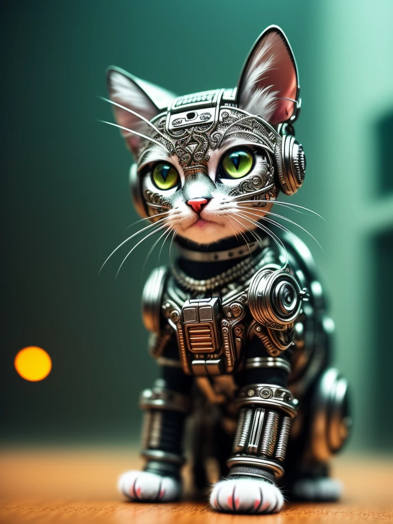 un joli chaton en métal, cyborg, Style cyberpunk, ((Détails complexes)), hdr, ((Détails complexes, hyperdétaillé)), plan cinématographique, vignette