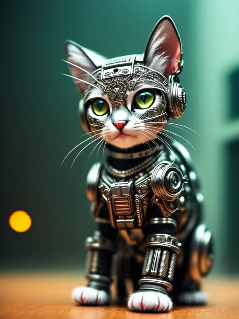 a cute kitten made out of metal, cyborg, cyberpunk style, ((intricate details)), hdr, ((intricate details, hyperdetailed)), cinematic shot, vignette