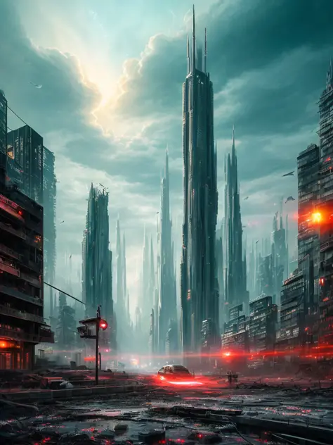 The picture depicts a surreal and futuristic landscape, with a mix of awe-inspiring beauty and horror. The sky is a deep, pulsing red, with dark clouds that seem to be alive and moving. In the distance, a massive cityscape can be seen, with towering skyscrapers, neon lights, and endless rows of buildings. The city is lit up with various colors and displays, adding to the overall feeling of awe and wonder.

However, there is also a sense of horror in the image. The buildings and structures seem to be in a state of decay and disrepair, with broken windows, missing sections, and cracked facades. The city is alive with activity, but there is a feeling of chaos and unrest, as if something has gone terribly wrong.

In the foreground, there is a massive, sentient being, with a twisted and inhuman appearance. The being is made up of wires, circuits, and mechanical parts, and it seems to be emerging from the ground, as if it's rising from the depths of the earth. Its eyes are glowing with an intense, red light, and its mouth is open, revealing rows of sharp, metallic teeth.

The background is shrouded in darkness, with only a few, dim lights visible in the distance. There is a sense of unknown and uncertainty, as if the world beyond the cityscape is vast and untamed.

The picture captures the essence of a surreal and futuristic world, with its mix of awe-inspiring beauty and horror. The image is visually stunning, and it showcases the world in a new and unusual light, with its mixture of the familiar and the unknown.

High detail RAW color art, animation, cartoon, (white topic), (intricately detailed, fine details, hyperdetailed), raytracing, subsurface scattering, ((muted colors)), diffused soft lighting, shallow depth of field, by (Oliver Wetter), by Stanley Kubrick, photographed on a Canon EOS R5, 28mm lens, F/2.8, sharp focus bokeh