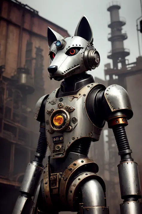Anthropomorphic wolf robot, s-pose, detailed mechanical parts, mechanical aperture eyes, orange sphere in chest, damaged metal on body, detailed metal on head, old factory background, steampunk art, retro photo, slightly desaturated, cinematic style