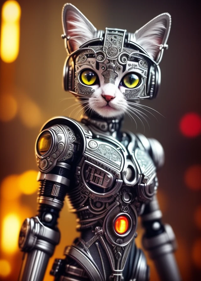 用金属制成的可爱小猫, 机器人, 赛博朋克风格, ((复杂的细节)), HDR, ((复杂的细节, 超详细)), 电影镜头, 小插圖
