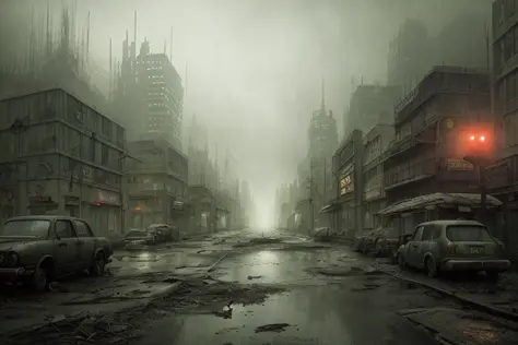 a post apocalyptic cityscape, muted colors, hyperrealism, fog, dark atmosphere, hdr, rainy, intricate details, fallout style