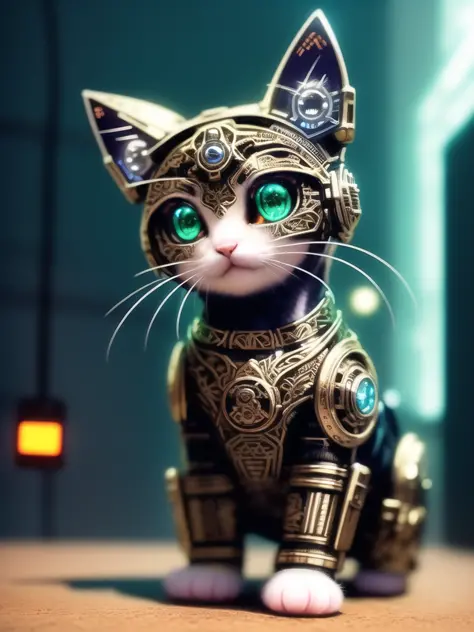 renderizado al estilo cómic, estilo de iluminación de cómic, un lindo gatito hecho de metal, cíborg, estilo ciberpunk, ((detalles intrincados)), hdr, ((detalles intrincados, hiperdetallado)), toma cinematográfica, Viñeta