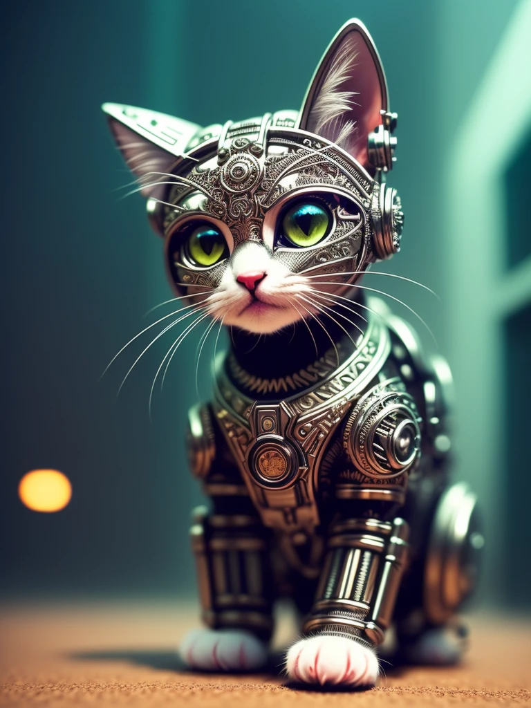 un joli chaton en métal, cyborg, Style cyberpunk, ((Détails complexes)), hdr, ((Détails complexes, hyperdétaillé)), plan cinématographique, vignette