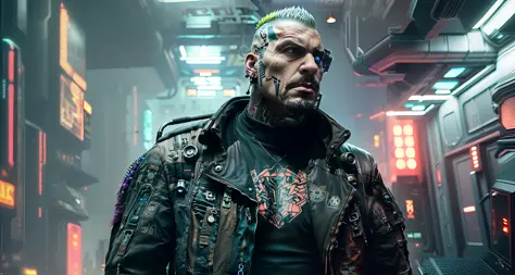 a half-body photo of a [bald|colored mohawk] rugged (futurist scifi punk) with (futurist scifi clothing), (futurist, high-tech, cyberpunk, scifi, jacket:1.4), cyberpunk, indoor, looking at the camera, (celtic tattoos, piercings:1.2), normal, eyes, dramatic cinematic lighting, (screaming:0.7), Glasgow, high-tech, hooligan, punk, in a space station street
