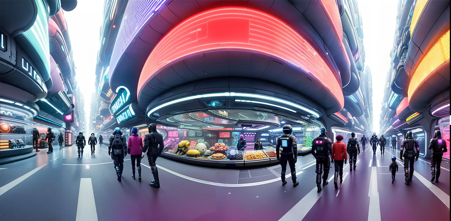 우주 정거장에 있는 넓은 미래주의 SF 사이버펑크 쇼핑 거리의 파노라마 사진, 어두운, 껄끄러운, 지상에서 본, 많은 사람, 외계인, 인간, 로봇, 우주복