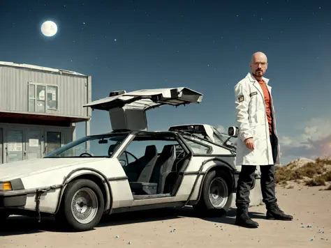 walter white, deLorian from Back to the Future on the background, (wearing in a white coat of a scientist), 
few stars
((((luminous blue crystals on the ground)))),  disert, blue crystal sand
((bald)), glasses, (muscular:1.2), (full moon) 
HDR, high quality 
cinematic angle, perfect face, diffused soft lighting, shallow depth of field, by (Oliver Wetter), photographed on a Canon EOS R5, 28mm lens, F/2.8